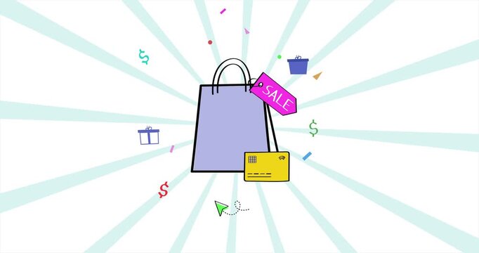 Shopping bag with sale tag and credit card &ndash; online shopping discount offer animation