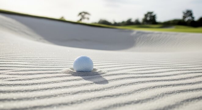Golf ball resting in sandy bunker with rippled texture  