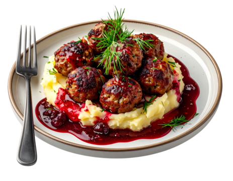  Gourmet Frikadeller with Mashed Potatoes, Lingonberry Sauce, and Cutlery