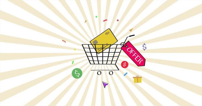 Shopping cart with credit card and offer tag &ndash; online promotion and sale animation