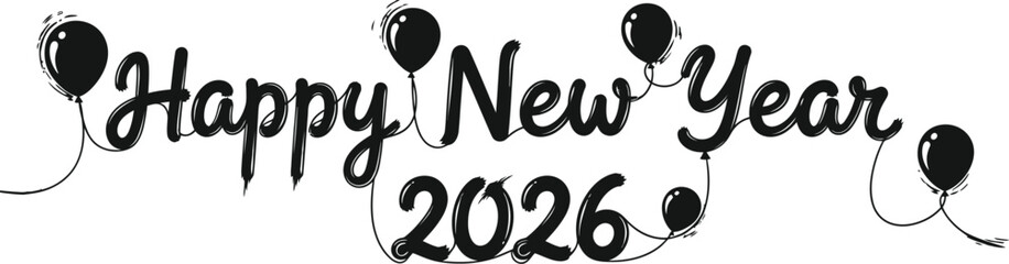 Happy new year 2026 text with floating balloons and string lights on a white background