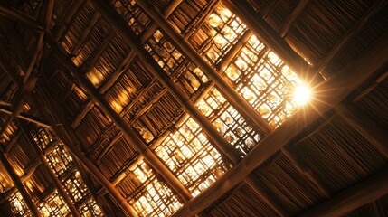 Balinese Rice Barn (Lumbung) - Woven Bamboo & Shells: A traditional Balinese lumbung, its thatched roof replaced by intricately woven bamboo and inlaid with shimmering capiz shells