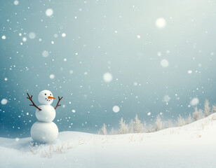 Cute snowman with twig arms and carrot nose stands in a snowy winter landscape under heavy snowfall with vast copy space and a tranquil, festive mood.