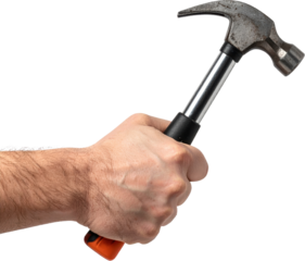 Close up of adult hand holding metal claw hammer with black handle isolated on white background