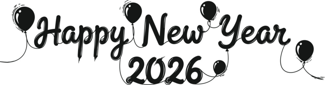 Happy new year 2026 text with floating balloons and string lights on a white background