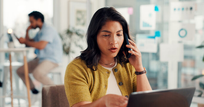 Business, laptop and woman with phone call in office for campaign pitch, contract info or planning. Coworking, marketing manager and contact client with tech for market research, SEO proposal or chat