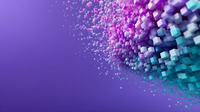 Abstract AI data grid expanding from the lower-right in purple-teal tones with a clean layout zone for hero presentation messaging, modern business analytics dashboard and marketing template concept