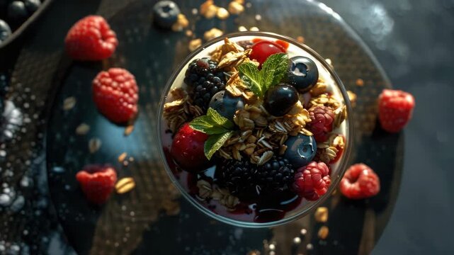 A vibrant parfait topped with berries, granola, and mint leaves on a white plate against a blurred background. Perfect for breakfast or brunch.