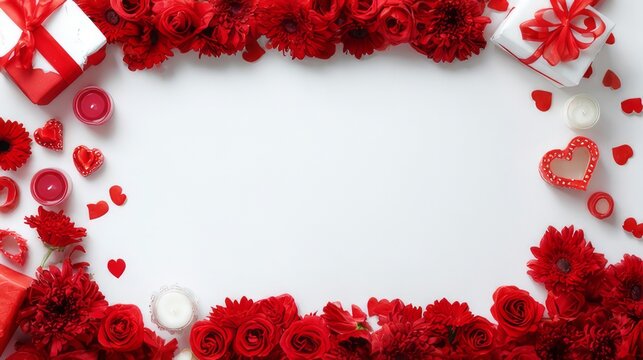 Valentine’s day romantic frame with red and pink roses, wrapped gifts, lit candles, and colorful confetti on white background for love celebration and festive decorations