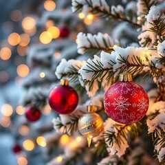 Glowing ornaments sparkle on a snowy evergreen branch, festive and bright,  decoration,  bright