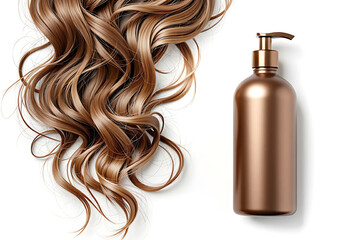 Advertising shampoo product features a brown shampoo bottle mockup with flowing glossy curly brown hair against white background