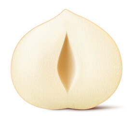 Half of a hazelnut isolated on a white background. Hazelnut in cross section. Hazelnut kernels are ripe and tasty, a healthy treat, a source of protein. Realistic 3d vector illustration.