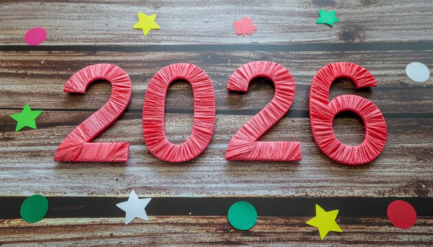 Vibrant 2026 numbers with festive confetti and stars create a joyous celebration backdrop for New Year's events and festive projects