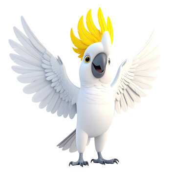 Cartoonish white bird with yellow crest and wings spread, smiling, clipart, isolated on a transparent background.