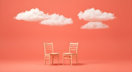 Two wooden chairs under fluffy clouds against a salmon colored background in a studio setting