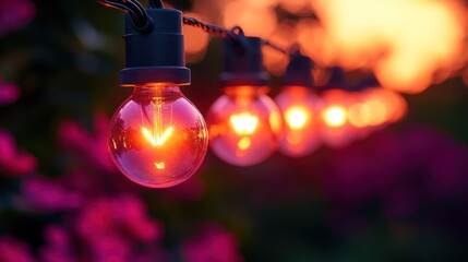 Warm incandescent string lights at dusk, blurred background