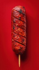 Choripán from Argentina on a grilled paprika red flat background, minimalist food photo, template for social media, digital ads, web banners, mobile wallpapers, greeting cards