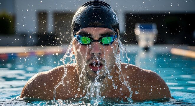 Swimmer wearing goggles and swim cap emerging from the water during a competitive race or training session at an indoor or outdoor pool