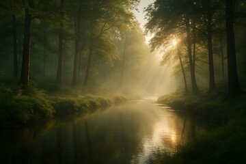 Enchanted Forest Stream at Sunrise: Golden Sun Rays Piercing Through Misty Woods | Serene Nature Landscape