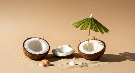 Coconuts on sand with a paper umbrella creating a tropical beach vacation vibe and summer holiday theme