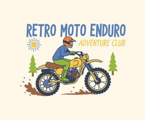 Obraz premium Retro Enduro Moto Adventure Badge. Vintage Dirt Bike Rider Graphic. Hand Drawn Motocross T-shirt Art. Off Road Motorcycle Sport Emblem. Classic Trial