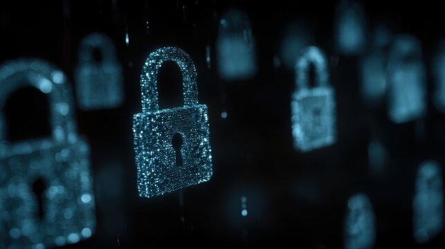 Digital locks symbolize security and data protection in a futuristic landscape