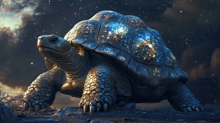 A wise old tortoise, its shell intricately carved with celestial maps, eyes holding ancient knowledge, ethereal starlight