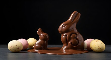 Two chocolate bunnies with easter eggs on a dark surface against a dark background studio shot