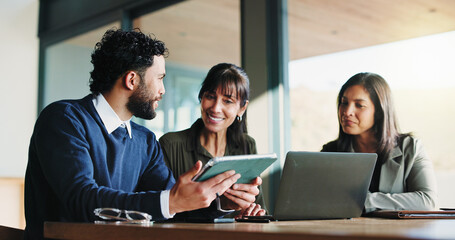 Laptop, project management and tablet with business people in office for plan development. App, computer and meeting with corporate employee team in workplace boardroom for collaboration or research