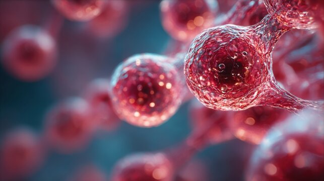 Close-up view of red cells showcasing intricate details and textures under microscopic analysis, highlighting biological structures