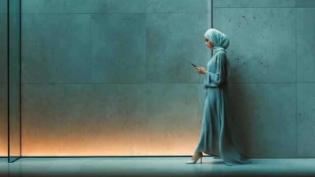 Woman in modest attire using a mobile phone beside a modern wall