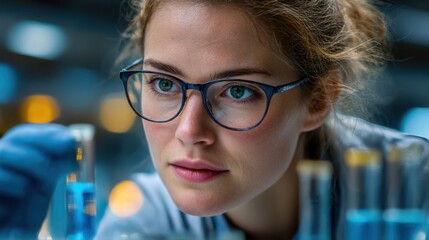 Scientist analyzes chemical reaction in laboratory with precision during evening research session