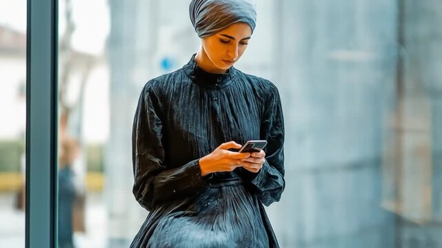 Woman in modest attire using a smartphone indoors with natural light