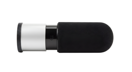 Close up of a white and black cylindrical object with a rounded black end on a black background