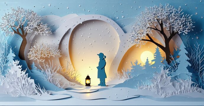 Papercraft scene depicts winter landscape. Silhouette stands with lantern near trees, moon glows warmly. Snowflakes fall gently. Peaceful, serene.