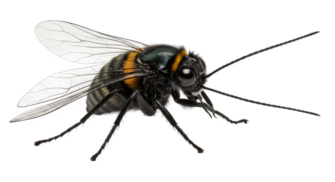 Close up of a black and yellow insect with transparent wings on a black background in sharp focus