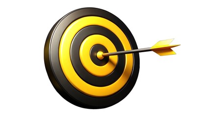 Golden arrow hitting the bullseye on a black and yellow dartboard