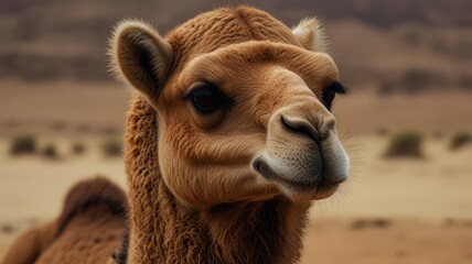 Close-up of a camel's head and neck in a desert landscape