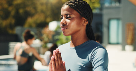 Outdoor, meditation and woman with mindfulness, namaste and spiritual for self awareness and health. Zen, person and class for inner peace, chakra or stress relief with faith at wellness center