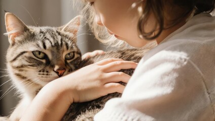 Close-up of a woman gently petting her tabby cat in natural sunlight.