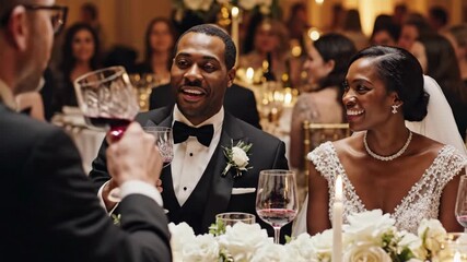 Friends and family gather at a stunning wedding reception, sharing laughter and toasting to love. A radiant couple enjoys a delightful moment as they cherish the day.