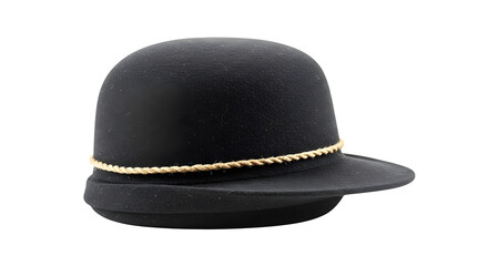 A simple black bowler hat with a gold rope band on a black background in a studio setting