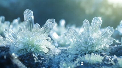 Crystalline structures growing organically from the earth, forming habitable spaces, luminous and alien