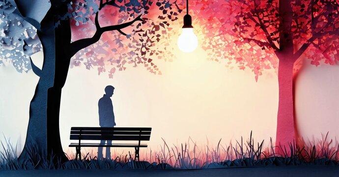 Silhouette sits bench under glowing lamp. Trees surround scene, vibrant colors suggest sunset or sunrise. Peaceful, quiet moment captured. - Powered by Adobe
