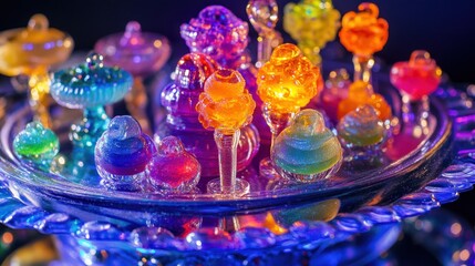Edible party decorations made of spun light sugar, filled with glowing nectar, arranged on a mirrored platter, macro detail