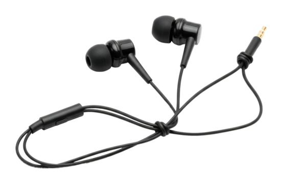 Listening to music with wired earbuds at home minimalist style isolated on transparent background