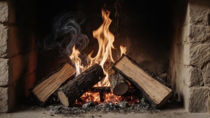 Cozy Fireplace with Burning Logs and Warm Flames.