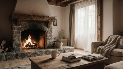 Cozy Living Room with Stone Fireplace and Warm Fire.
