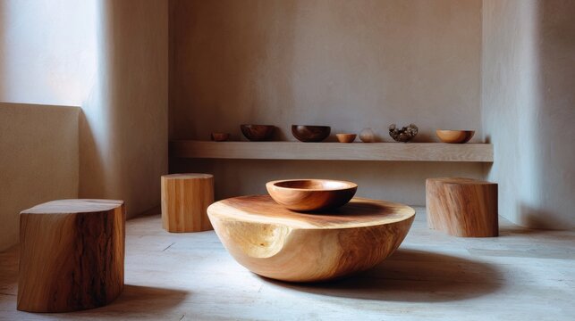 Room with a wooden floor and a beige wall. on the floor, there is a round wooden table with a bowl on top. the table is made of a light-colored wood and has a smooth surface.