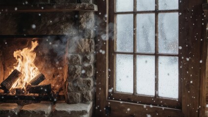 Cozy Winter Scene with Fireplace and Snowing Window.